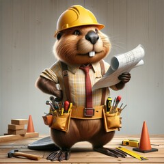 A detailed cartoon beaver dressed as an architect, complete with a yellow safety helmet and a leather tool belt, is intently studying a set of blueprints - obrazy, fototapety, plakaty