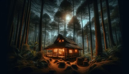 A rustic cabin with glowing windows nestles in a serene, twilight forest, surrounded by towering trees and a gentle light filtering through the foliage