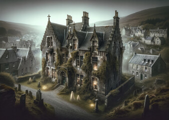 Ethereal spirits wander around a grand, old manor with Gothic architecture, nestled in a misty Highland village, creating a haunting scene