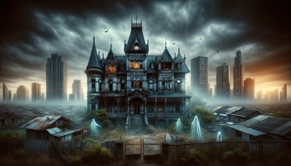 A foreboding Victorian mansion stands surrounded by ghostly figures, with a backdrop of a modern urban skyline under a dramatic, stormy sky. - obrazy, fototapety, plakaty