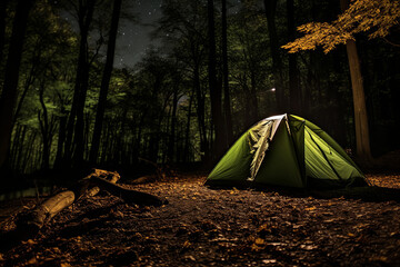 A tent inside a forest