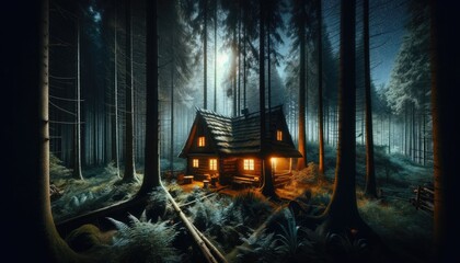 Warm lights emit from a cozy cabin in the heart of a mystical forest, with tall trees and a night sky peeking through the canopy - obrazy, fototapety, plakaty