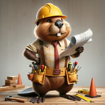 A detailed cartoon beaver dressed as an architect, complete with a yellow safety helmet and a leather tool belt, is intently studying a set of blueprints