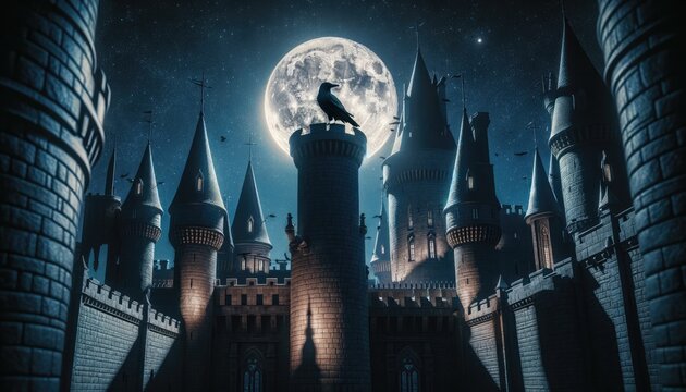A raven perches atop a turret of a grand medieval castle, silhouetted against a luminous full moon in a starry night sky