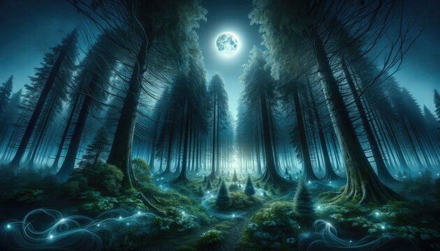 A moonlit path leads through an enchanted forest, with ethereal lights dancing among the trees under the glow of a full moon