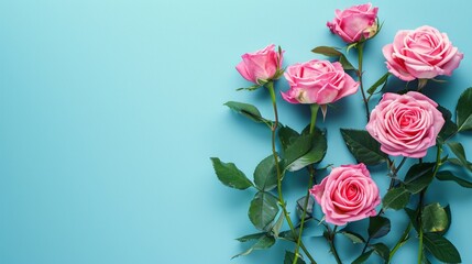 Flowers Composition: Rose Flowers on Blue Background for Valentines Day, Mothers Day, Womens Day Concept AI Generated