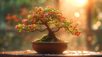 A Blooming Bonsai Tree in a Traditional Pot, Set by a Window with Sunlight Streaming Through