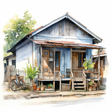 Rumah Kampung Malaysia, wooden house in watercolor