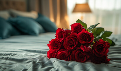 valentine roses on the bed at a hotel