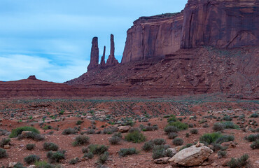 View of the Three Sisters red rocks In Monument Valley, Navajo Nation,  Arizona - Utah