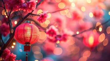 Chinese new year celebration in Asia. Pink, red and golden lantern on Japanese sakura tree for Lunar new year party. Background with glitter and bokeh lights. Cherry tree blossom.