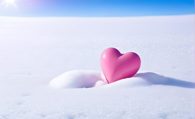 Fototapeta premium A soft pink heart on the snowfield, background, Valentine's Day, Christmas. Generative AI