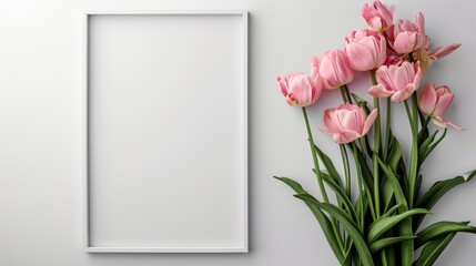 Minimalist Picture Frame Decorated with Spring Flowers on White Background AI Generated