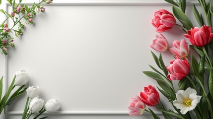 Minimalist Picture Frame Decorated with Spring Flowers on White Background AI Generated