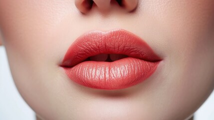 Close up photo of woman's lips with natural make up on white background