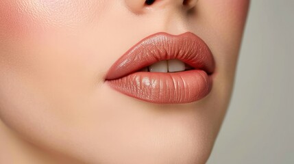 Close up photo of woman's lips with natural make up on white background
