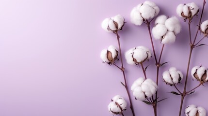 Minimalism Flatlay Composition with Overhead Cotton Flower on Pastel Pale Purple Background AI Generated