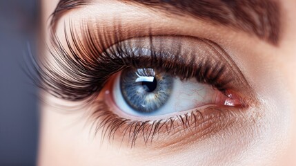 Female Eye with Extreme Long False Eyelashes. Eyelash Extensions. Makeup, Cosmetics, Beauty. Close up, Macro - obrazy, fototapety, plakaty