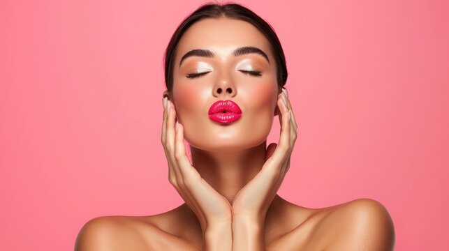 Cosmetics and skin care. Portrait of beautiful woman pucker lips, kissing, showing natural clean facial skin, standing over pink background