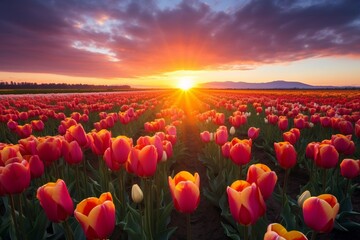 Sunset over the blooming tulip field - obrazy, fototapety, plakaty