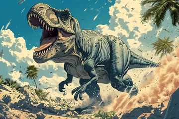 Gordijnen Cool looking angry tyrannosaurus rex in comic illustration style. © Tepsarit