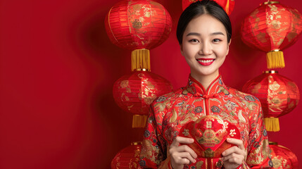 Happy Chinese new year. Asian woman holding angpao or red packet monetary gift and gold ingot isolated on red background.