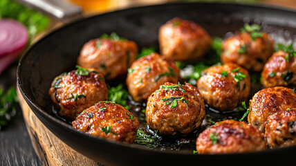 meatballs in skillet with parsley savory cuisine - obrazy, fototapety, plakaty