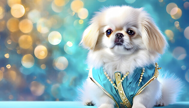 pekinese, chihuahua, close up, hund, cartoon, blau, kostüm, Jetset, bokeh, glow, blur, hintergrund, spaß, weiss, jung, süß
