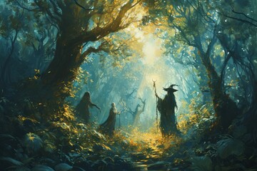 Mystical forest shamans, communing with nature spirits and harnessing their ancient magic - Generative AI - obrazy, fototapety, plakaty