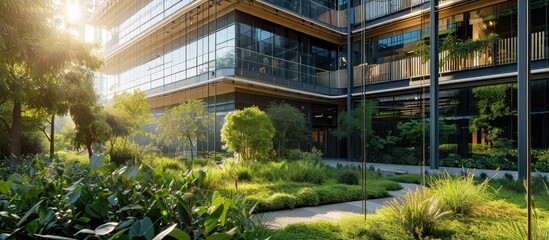 Environmentally-friendly office building promoting sustainability in a modern city, with green landscapes, energy-efficient glass construction to reduce carbon emissions, and a healthy work