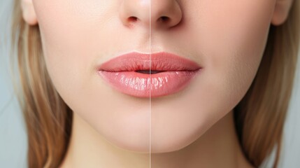 Fototapeta premium Young woman before and after treatment of dry lips, closeup