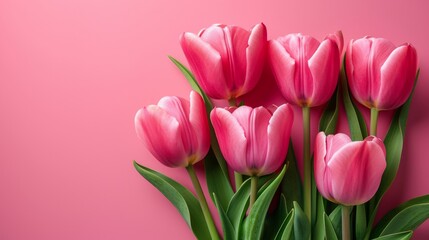 Obraz na płótnie Canvas Pink Tulips on Pastel Pink Background: Spring Banner for International Women's Day and Birthday AI Generated