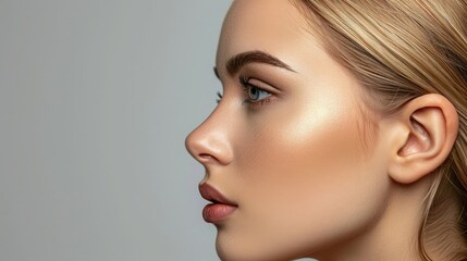 Naklejka premium Young woman profile portrait, over grey background. Beauty female, model girl face close-up. Aesthetic medicine. Blonde model with perfect skin