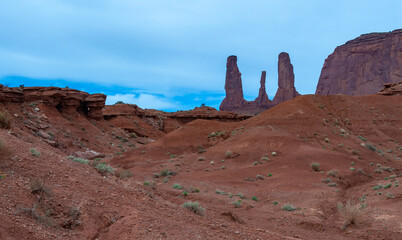 View of the Three Sisters red rocks In Monument Valley, Navajo Nation,  Arizona - Utah