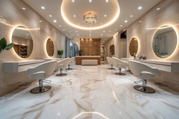 Luxury beauty salon interior with large mirrors, armchairs in row on beige marble floor - obrazy, fototapety, plakaty