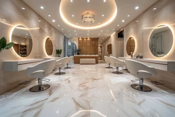 Badezimmer Foto Rückwand Schönheitssalon Luxury beauty salon interior with large mirrors, armchairs in row on beige marble floor