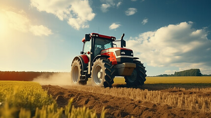 Obraz premium Tractor on field during agricultural harvest of grain with agricultural machinery, Farmer | Generative AI