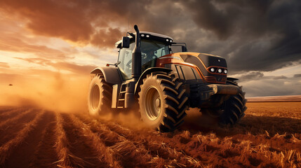 Obraz premium Tractor on field during agricultural harvest of grain with agricultural machinery, Farmer | Generative AI