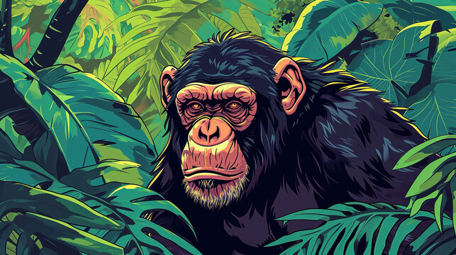Cool looking chimpanzee in jungle in comic illustration style.