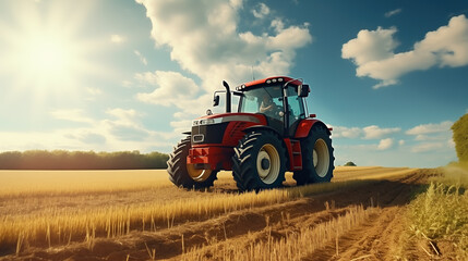 Tractor on field during agricultural harvest of grain with agricultural machinery, Farmer | Generative AI