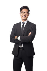 Obraz na płótnie Canvas Asian business man smiling in suit, crossed arms isolated on a transparent background.