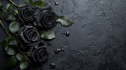 Top View of Dark Black Roses on Black Background Surface AI Generated