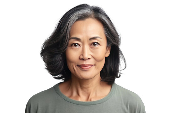 Asian beautiful gorgeous 50s mid aged mature woman looking at camera isolated on a transparent background. Healthy face skin care beauty.