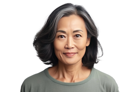 Asian beautiful gorgeous 50s mid aged mature woman looking at camera isolated on a transparent background. Healthy face skin care beauty.