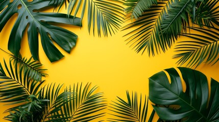 Fototapeta na wymiar Top View of Tropical Palm Leaves on Yellow Background AI Generated