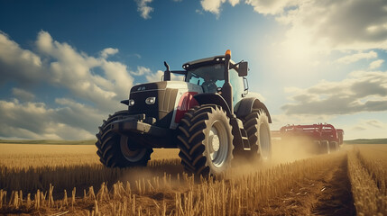 Tractor on field during agricultural harvest of grain with agricultural machinery, Farmer | Generative AI