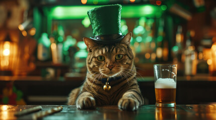 gray tabby cat bartender in a green hat behind the counter in a pub, for the st patrick day, banner - obrazy, fototapety, plakaty