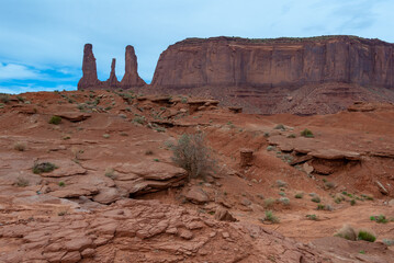 View of the Three Sisters red rocks In Monument Valley, Navajo Nation,  Arizona - Utah