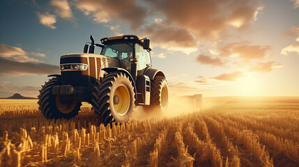 Fototapeta premium Tractor on field during agricultural harvest of grain with agricultural machinery, Farmer | Generative AI