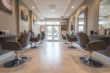 Fototapeta na wymiar Luxury beauty salon interior with large mirrors, armchairs in row on beige marble floor